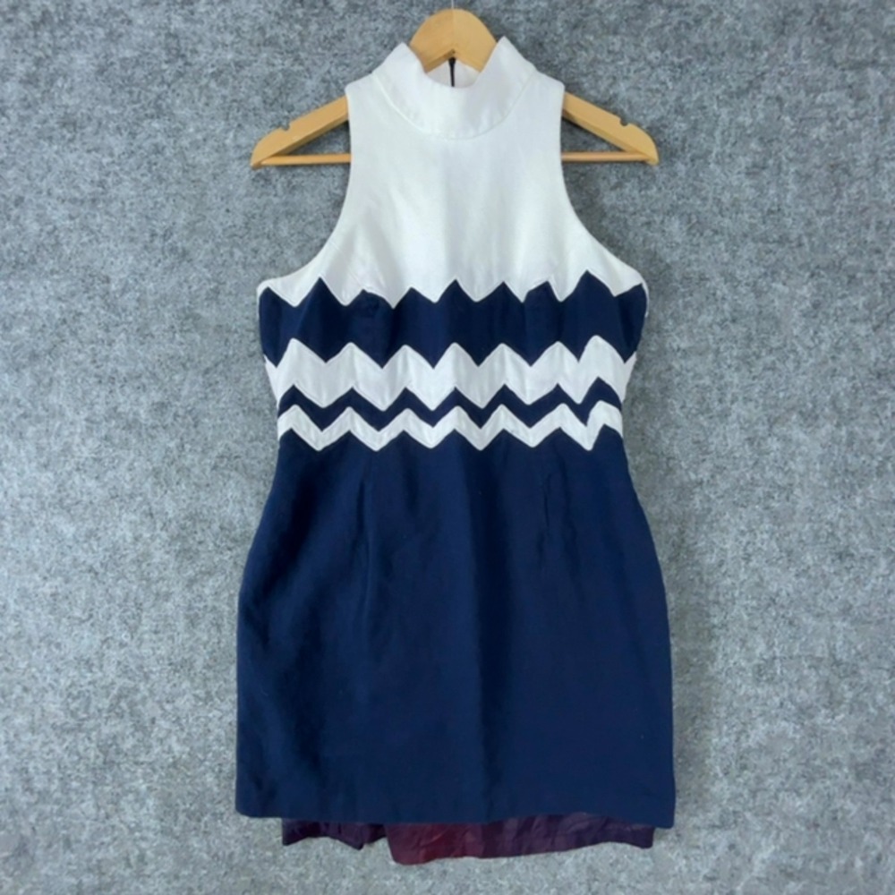 Carmen Marc Valvo Mini Dress Womens 12 Navy White Chevron Office Chic Sleeveless